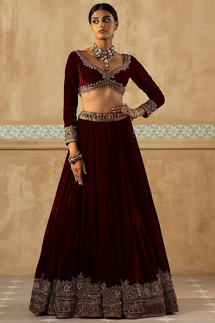 Burgundy Silk Velvet Cutdana Work Wedding Lehenga Set by Sureena Chowdhri at Pernia's Pop Up Shop