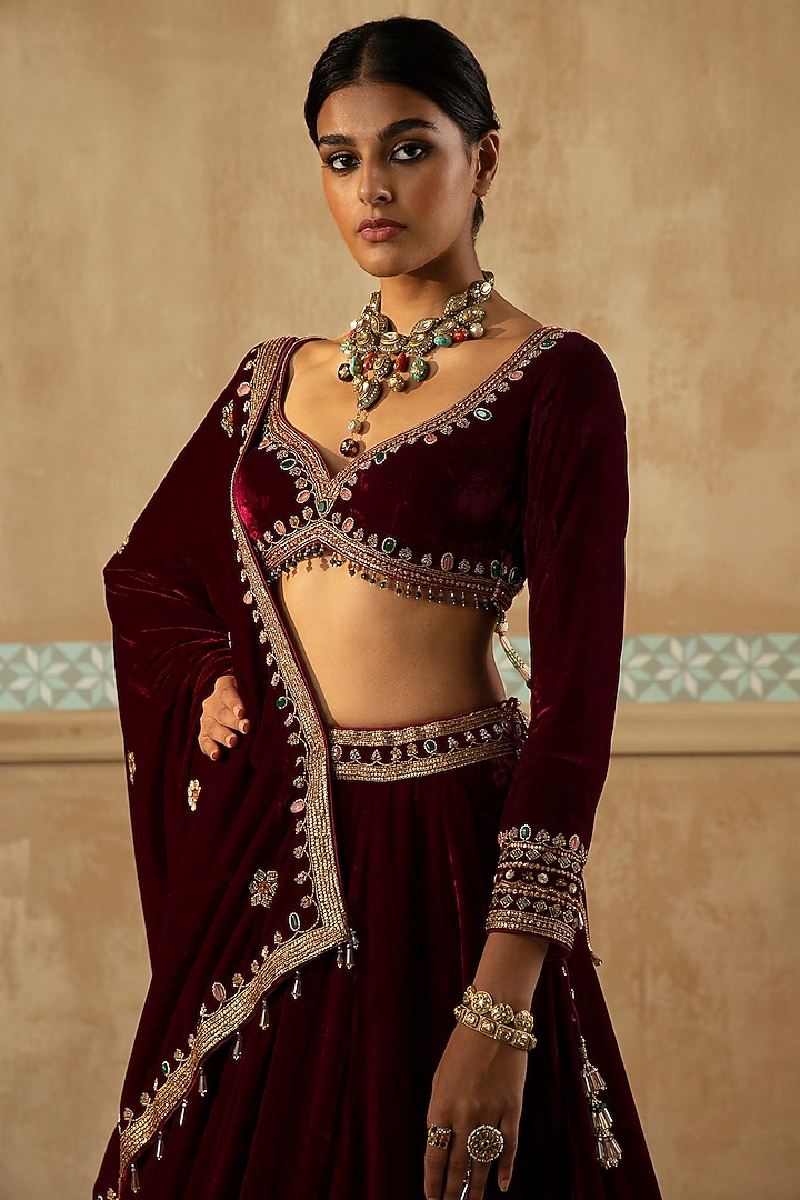 Burgundy Silk Velvet Cutdana Work Wedding Lehenga Set by Sureena Chowdhri at Pernia's Pop Up Shop