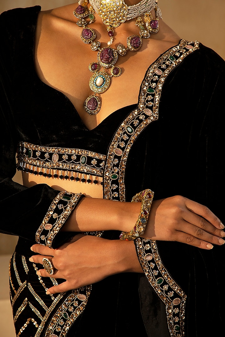 Black Silk Velvet Embellished Draped Sharara Set by Sureena Chowdhri at Pernia's Pop Up Shop
