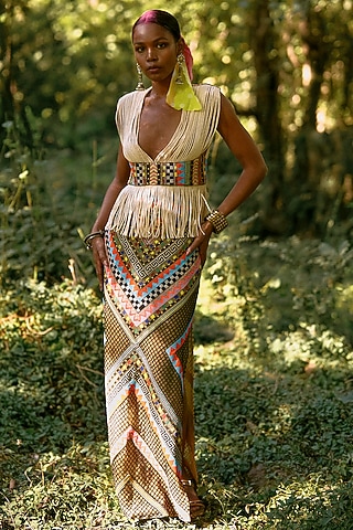 Multi-Colored Net & Cotton Maxi Skirt Set by SurilyG