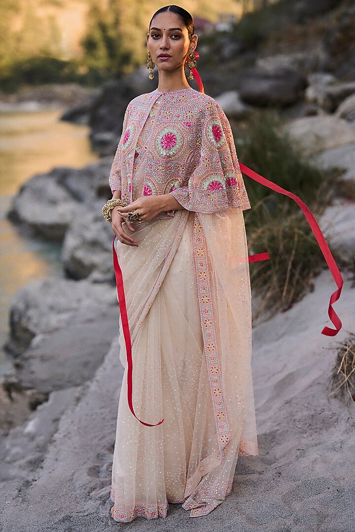 Multi-Coloured Net Bead Embroidered Bridal Saree Set by SurilyG at Pernia's Pop Up Shop