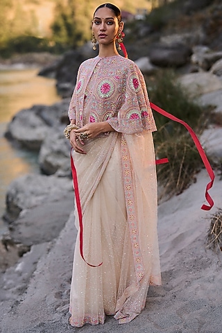 Multi-Coloured Net Bead Embroidered Saree Set by SurilyG
