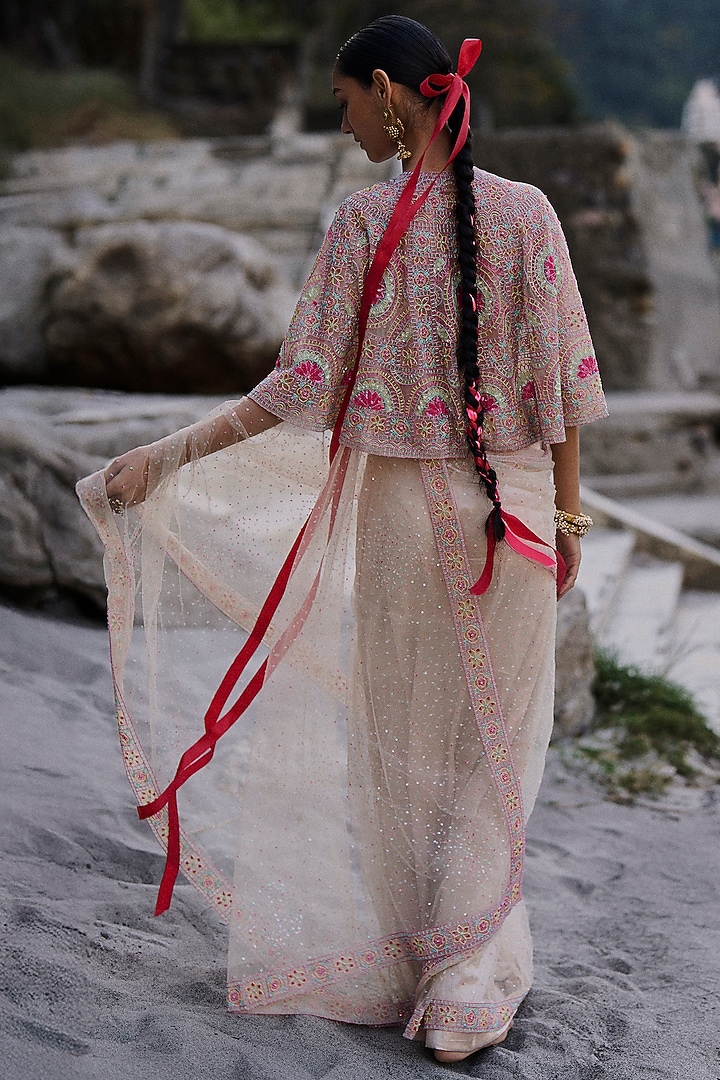 Multi-Coloured Net Bead Embroidered Bridal Saree Set by SurilyG at Pernia's Pop Up Shop