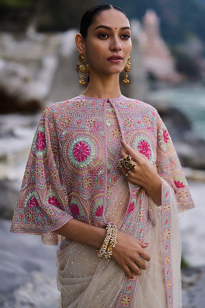 Multi-Coloured Net Bead Embroidered Bridal Saree Set by SurilyG at Pernia's Pop Up Shop