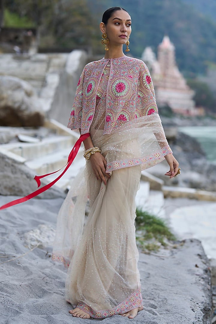 Multi-Coloured Net Bead Embroidered Bridal Saree Set by SurilyG at Pernia's Pop Up Shop
