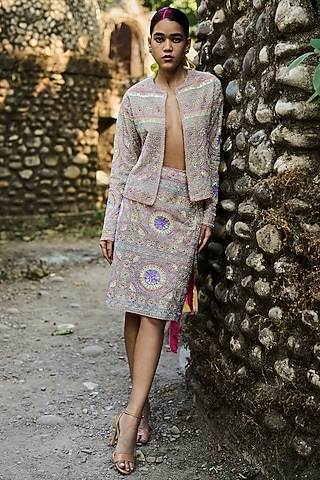 Multi-Coloured Net Bead Embroidered Skirt Set by SurilyG