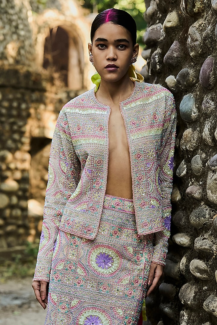 Multi-Coloured Net Bead Embroidered Skirt Set by SurilyG at Pernia's Pop Up Shop