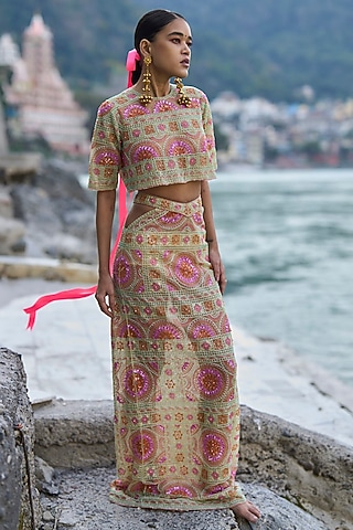 Multi-Coloured Net Bead Embroidered Skirt Set by SurilyG