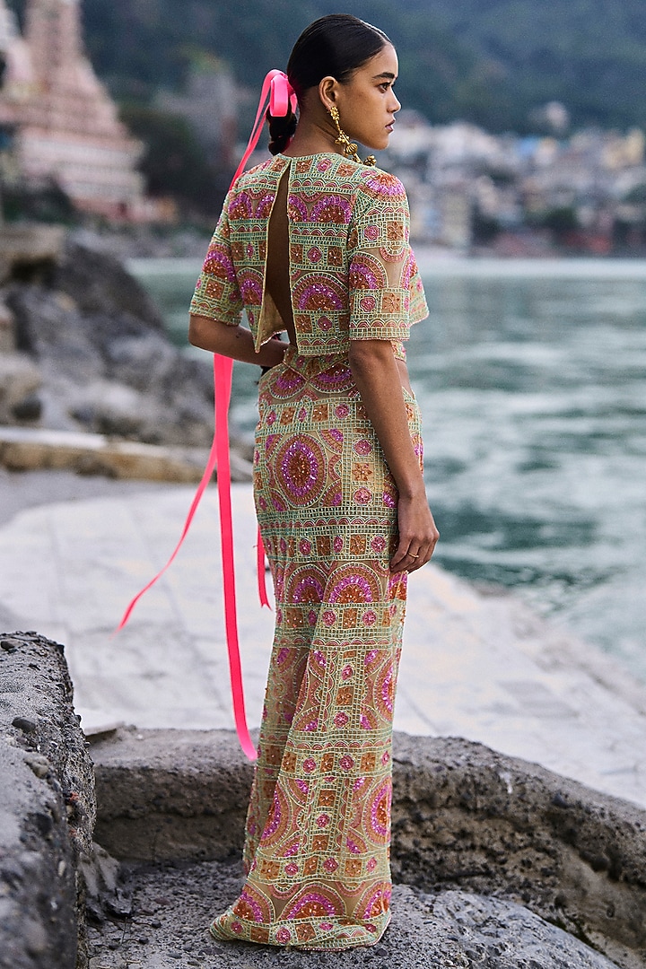 Multi-Coloured Net Bead Embroidered Skirt Set by SurilyG at Pernia's Pop Up Shop