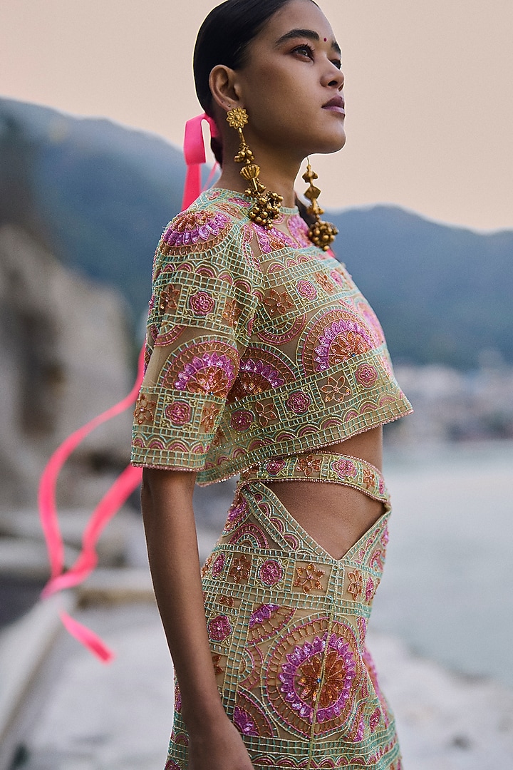 Multi-Coloured Net Bead Embroidered Skirt Set by SurilyG at Pernia's Pop Up Shop