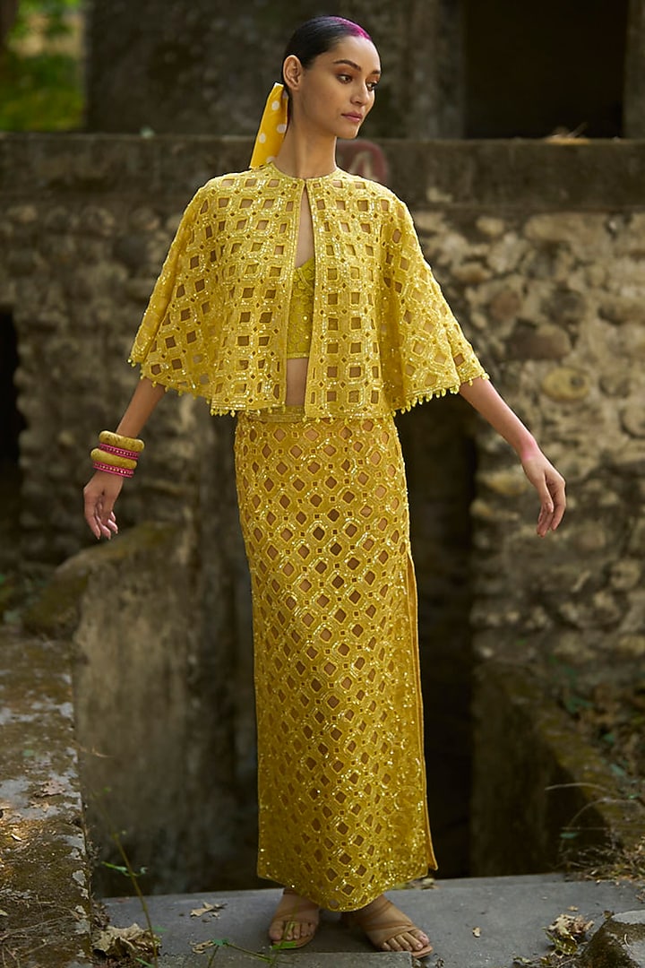Yellow Organza Cutwork Embroidered Skirt Set by SurilyG at Pernia's Pop Up Shop