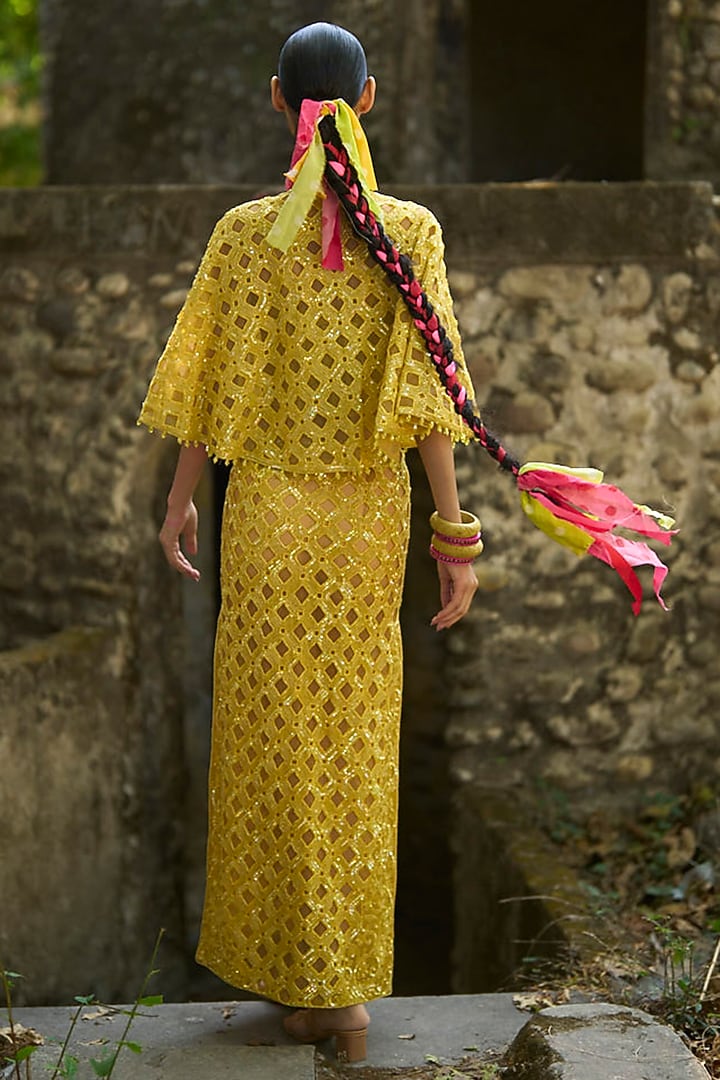Yellow Organza Cutwork Embroidered Skirt Set by SurilyG at Pernia's Pop Up Shop