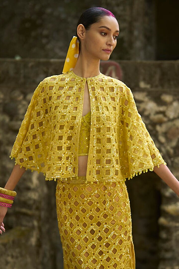 Yellow Organza Cutwork Embroidered Skirt Set by SurilyG at Pernia's Pop Up Shop