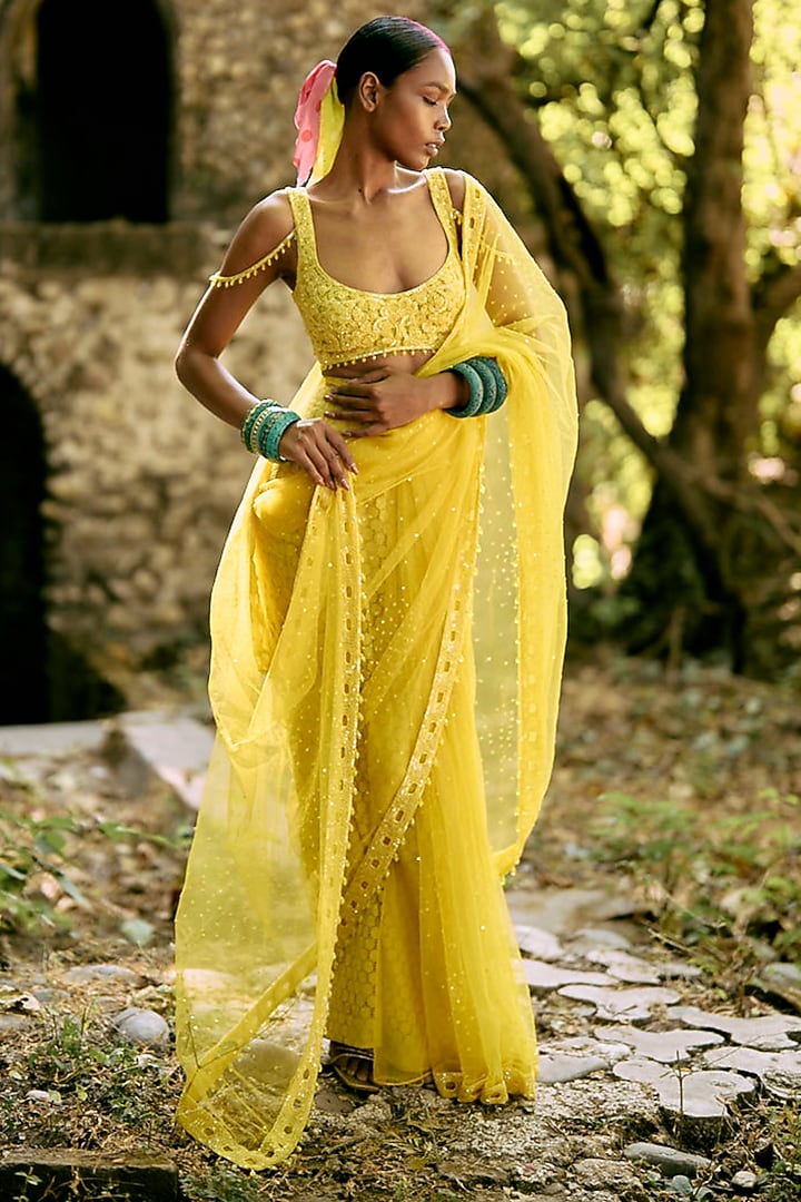 Yellow Net Cutwork Embroidered Reception Saree Set by SurilyG at Pernia's Pop Up Shop