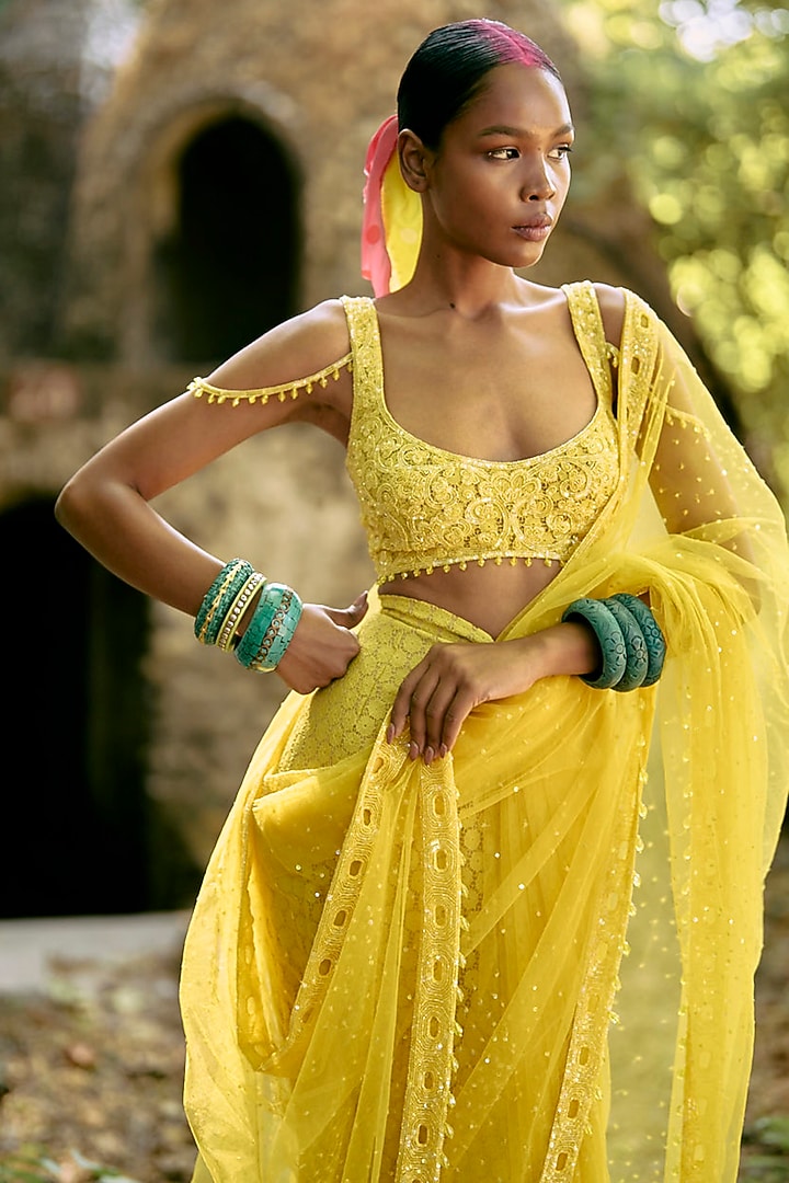 Yellow Net Cutwork Embroidered Reception Saree Set by SurilyG at Pernia's Pop Up Shop