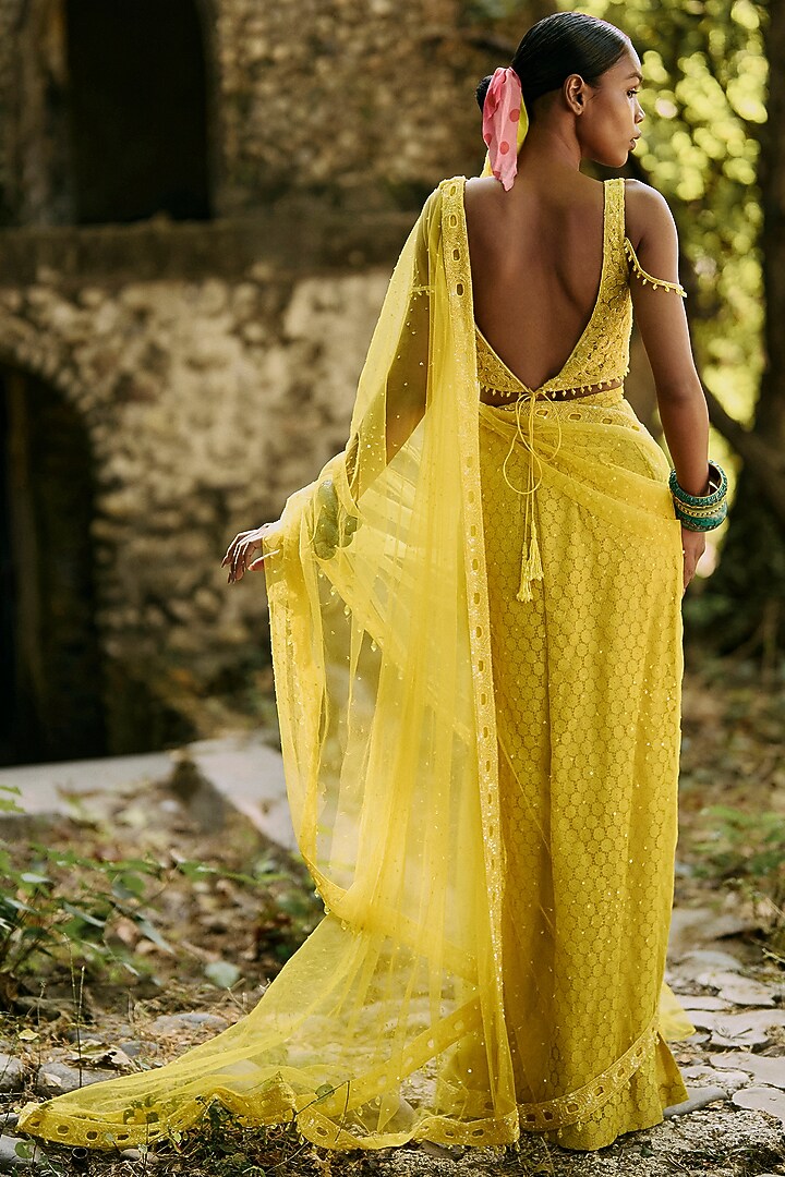 Yellow Net Cutwork Embroidered Reception Saree Set by SurilyG at Pernia's Pop Up Shop