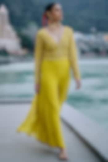 Yellow Net & Pure Crepe Godet Jumpsuit by SurilyG at Pernia's Pop Up Shop
