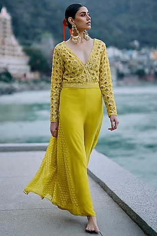 Yellow Net & Pure Crepe Godet Jumpsuit by SurilyG