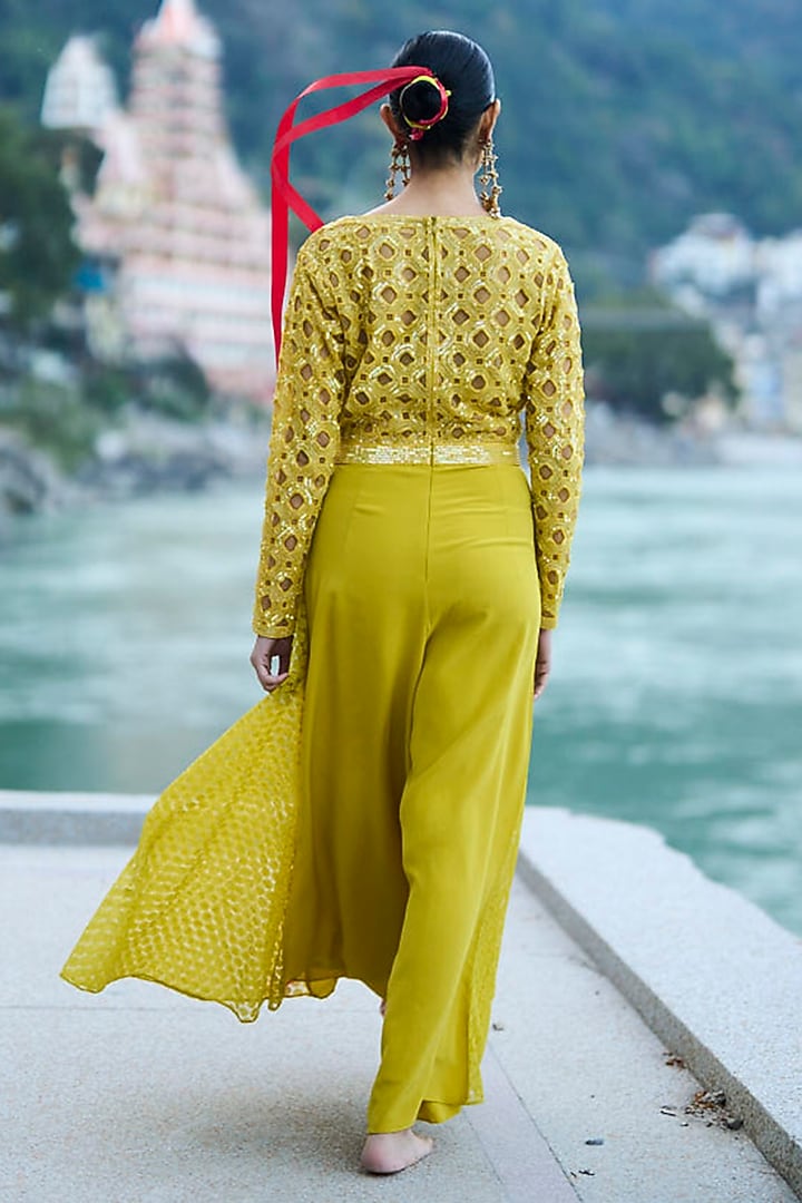 Yellow Net & Pure Crepe Godet Jumpsuit by SurilyG at Pernia's Pop Up Shop