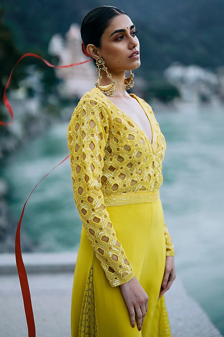 Yellow Net & Pure Crepe Godet Jumpsuit by SurilyG at Pernia's Pop Up Shop