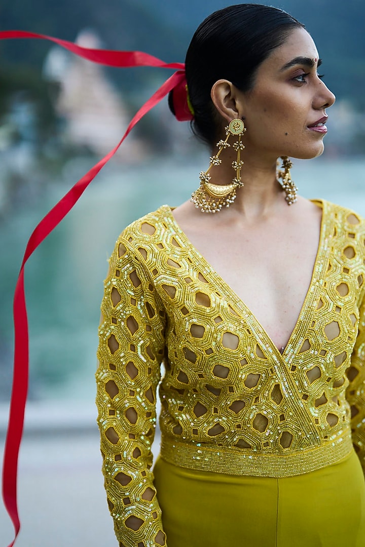 Yellow Net & Pure Crepe Godet Jumpsuit by SurilyG at Pernia's Pop Up Shop