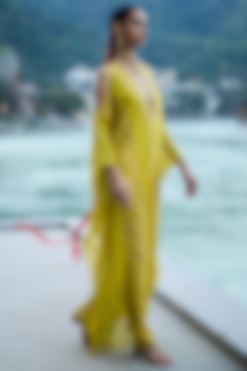 Yellow Net & Pure Crepe Kaftan by SurilyG at Pernia's Pop Up Shop