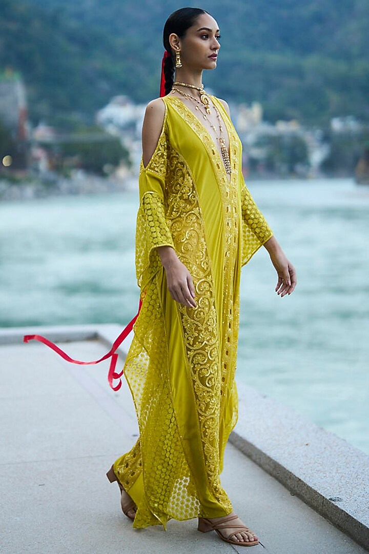 Yellow Net & Pure Crepe Kaftan by SurilyG at Pernia's Pop Up Shop