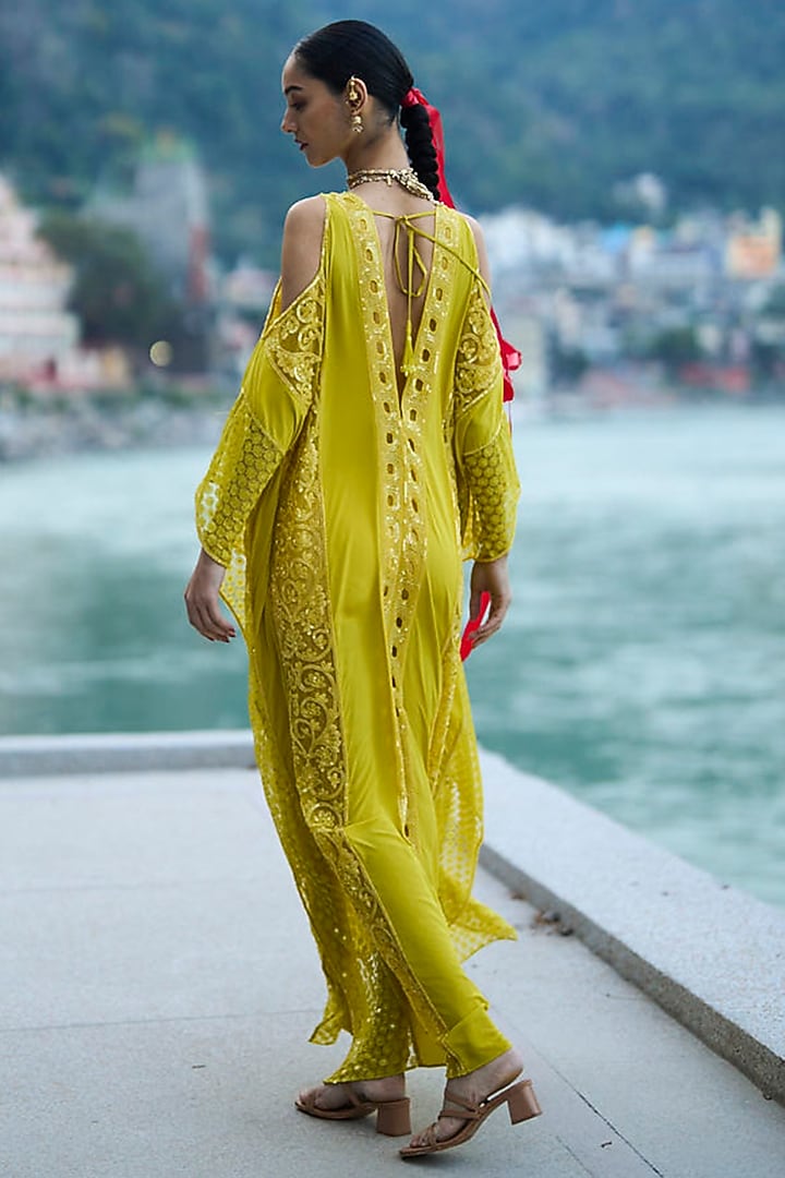 Yellow Net & Pure Crepe Kaftan by SurilyG at Pernia's Pop Up Shop