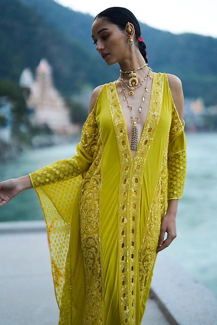 Yellow Net & Pure Crepe Kaftan by SurilyG at Pernia's Pop Up Shop