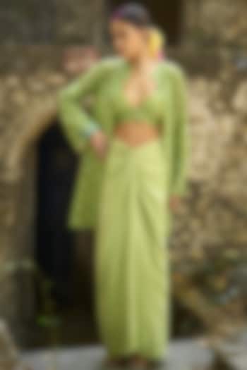 Green Organza Cutwork Embroidered Cape Set by SurilyG at Pernia's Pop Up Shop