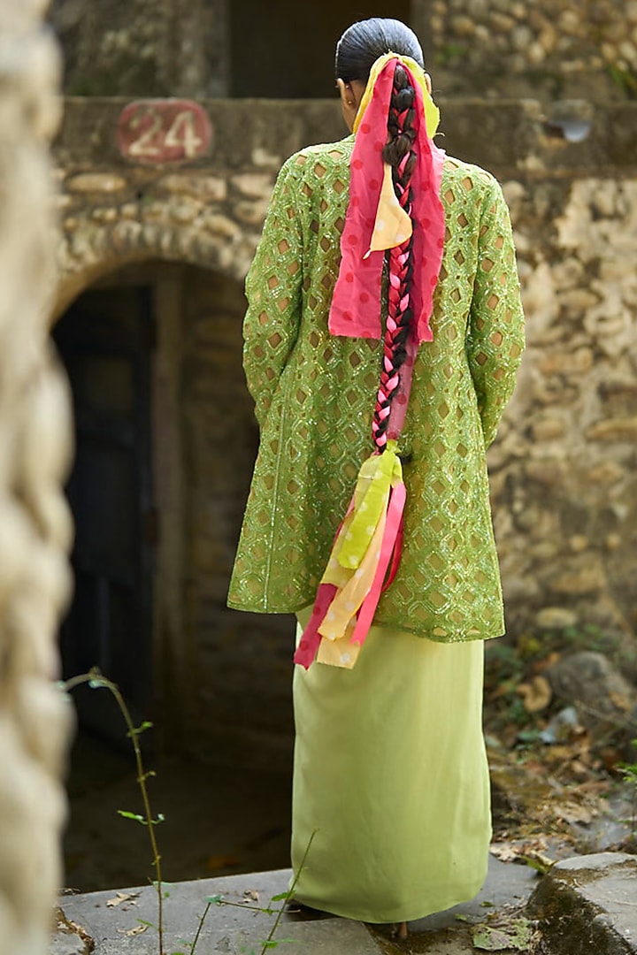 Green Organza Cutwork Embroidered Cape Set by SurilyG at Pernia's Pop Up Shop