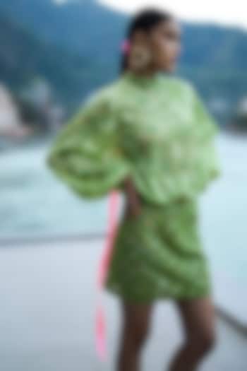 Green Organza & Lace Cutwork Embroidered Mini Skirt Set by SurilyG at Pernia's Pop Up Shop