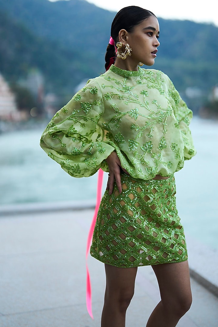 Green Organza & Lace Cutwork Embroidered Mini Skirt Set by SurilyG at Pernia's Pop Up Shop