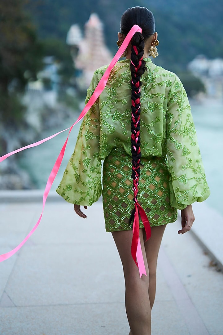 Green Organza & Lace Cutwork Embroidered Mini Skirt Set by SurilyG at Pernia's Pop Up Shop