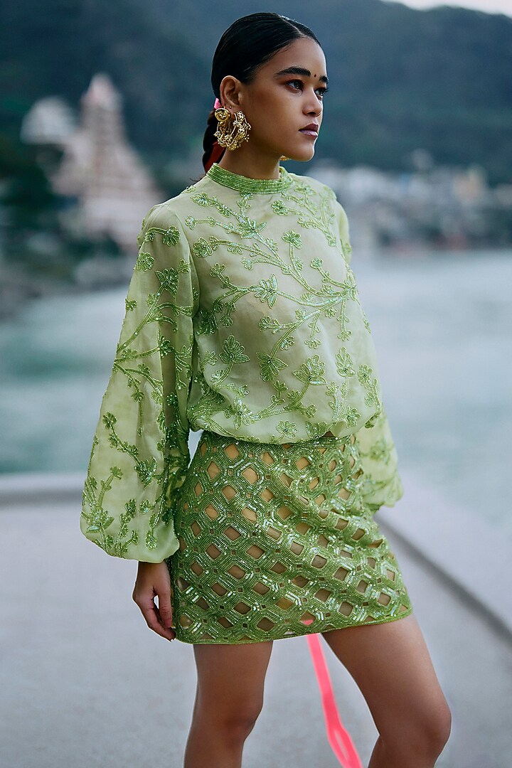 Green Organza & Lace Cutwork Embroidered Mini Skirt Set by SurilyG at Pernia's Pop Up Shop
