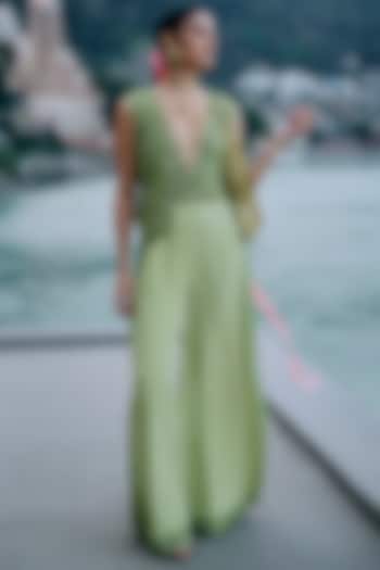 Green Organza & Crepe Cutwork Embroidered Jumpsuit with Waistcoat by SurilyG at Pernia's Pop Up Shop