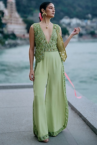 Green Organza & Crepe Cutwork Embroidered Jumpsuit with Waistcoat by SurilyG