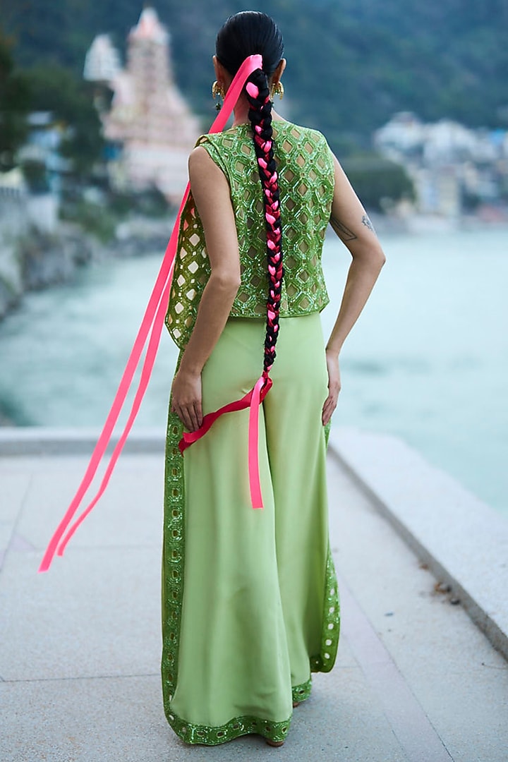 Green Organza & Crepe Cutwork Embroidered Jumpsuit with Waistcoat by SurilyG at Pernia's Pop Up Shop
