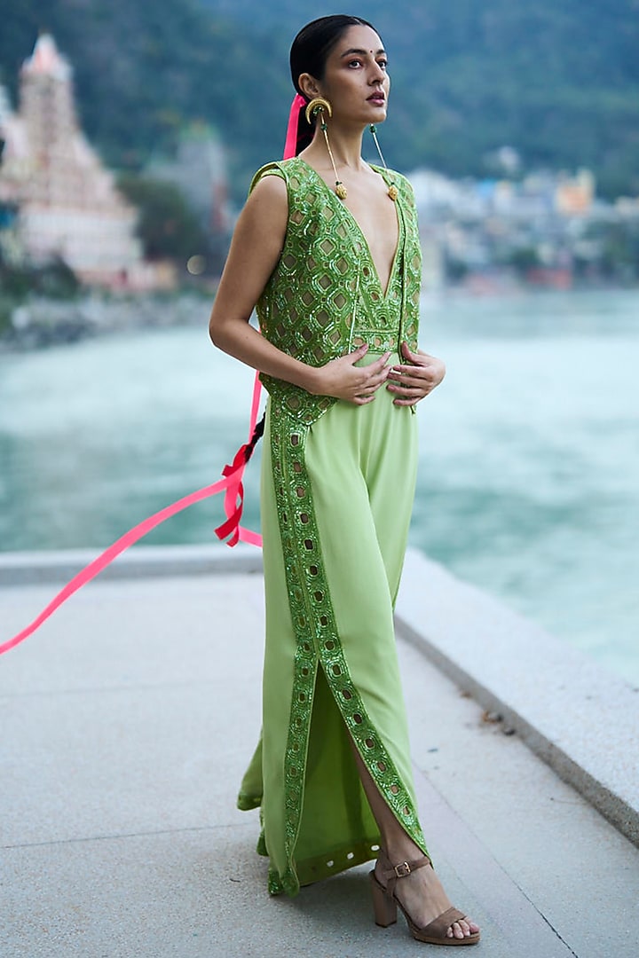 Green Organza & Crepe Cutwork Embroidered Jumpsuit with Waistcoat by SurilyG at Pernia's Pop Up Shop