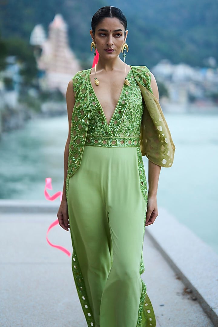 Green Organza & Crepe Cutwork Embroidered Jumpsuit with Waistcoat by SurilyG at Pernia's Pop Up Shop