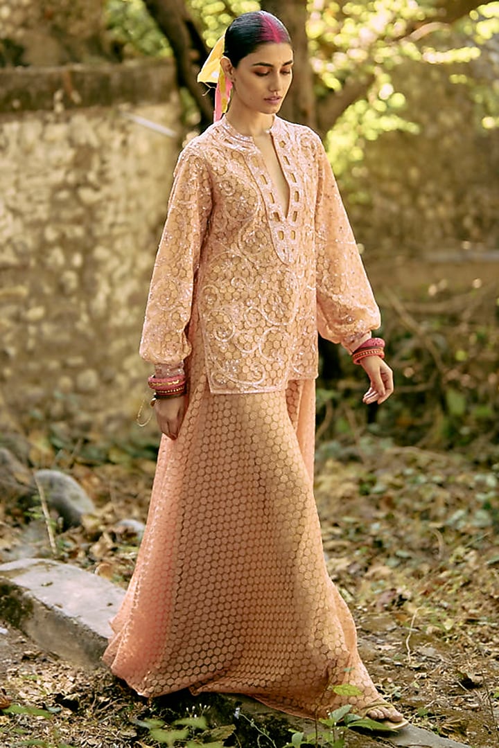 Peach Lace & Pure Crepe Jaal Embroidered Bridal Sharara Set by SurilyG at Pernia's Pop Up Shop