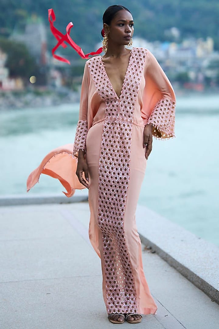 Peach Pure Crepe Embroidered Kaftan by SurilyG at Pernia's Pop Up Shop