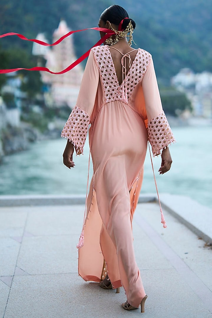 Peach Pure Crepe Embroidered Kaftan by SurilyG at Pernia's Pop Up Shop