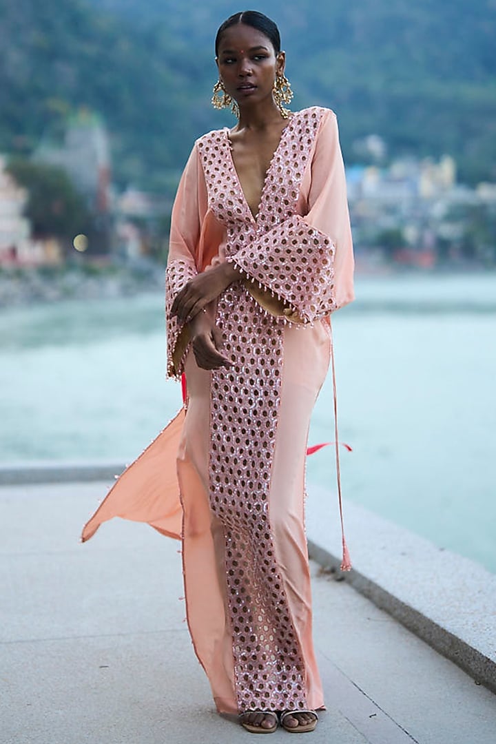 Peach Pure Crepe Embroidered Kaftan by SurilyG at Pernia's Pop Up Shop