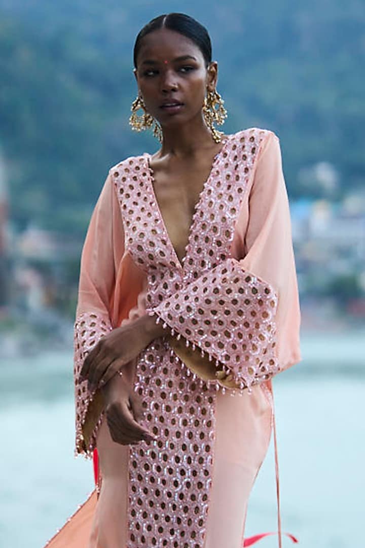 Peach Pure Crepe Embroidered Kaftan by SurilyG at Pernia's Pop Up Shop