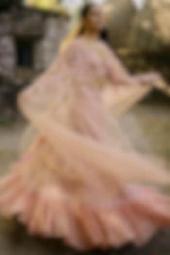 Peach Net Embroidered Tiered Skirt Set by SurilyG at Pernia's Pop Up Shop