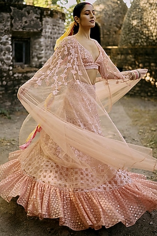 Peach Net Embroidered Tiered Skirt Set by SurilyG