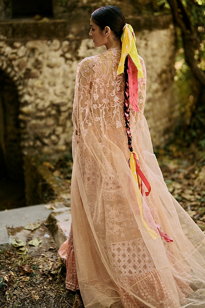 Peach Net Embroidered Tiered Skirt Set by SurilyG at Pernia's Pop Up Shop