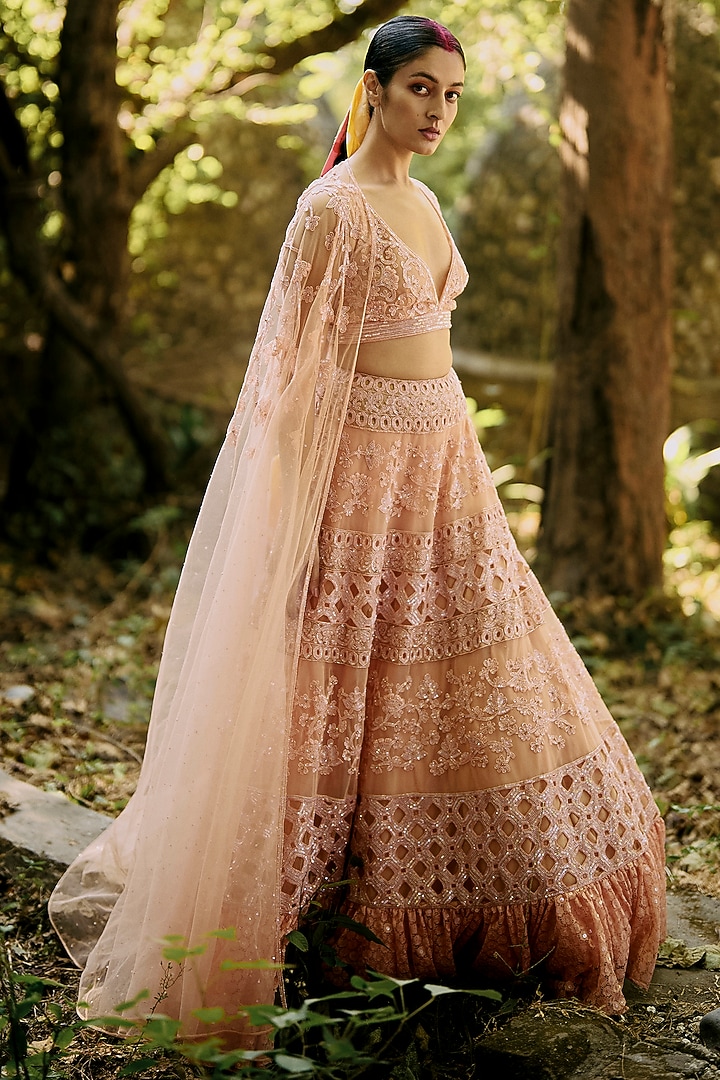 Peach Net Embroidered Tiered Skirt Set by SurilyG at Pernia's Pop Up Shop