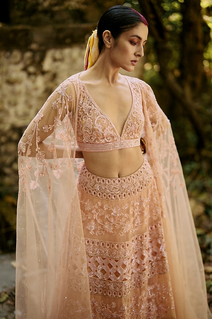 Peach Net Embroidered Tiered Skirt Set by SurilyG at Pernia's Pop Up Shop